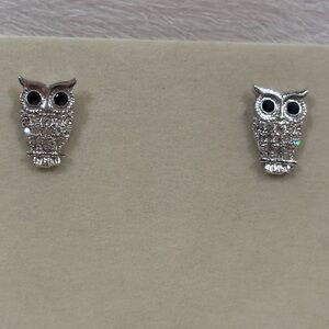 Crystal & Onyx Owl Stud Earrings Silver
